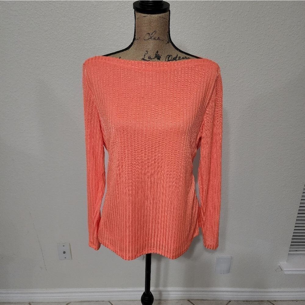 DKNY Coral Orange Ribbed Boat Neck Long Sleeve Top L